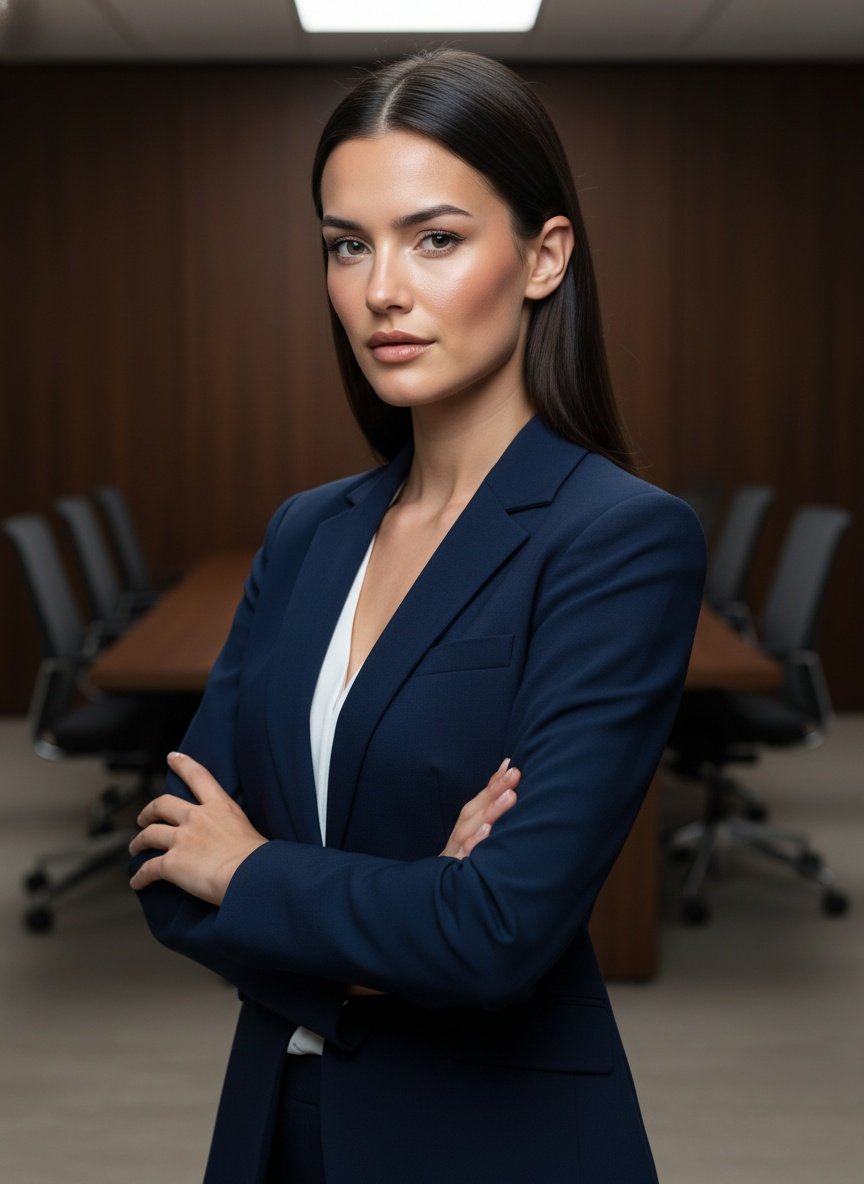 AI corporate headshot — woman in navy suit, boardroom
