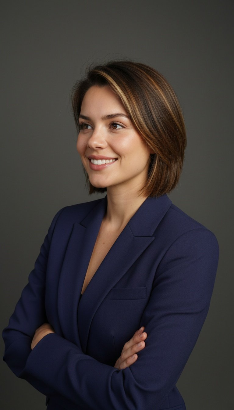 AI headshot — smiling woman in navy blazer