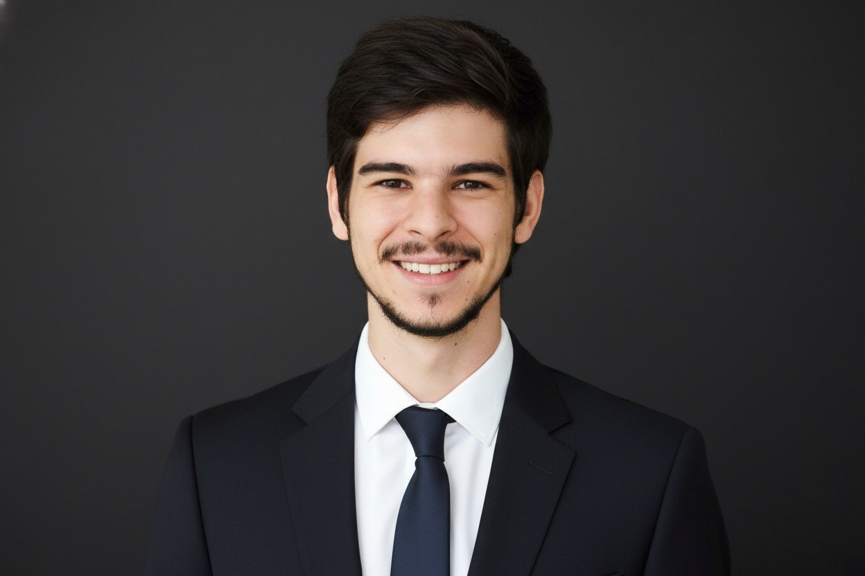 AI corporate headshot — young man in dark suit
