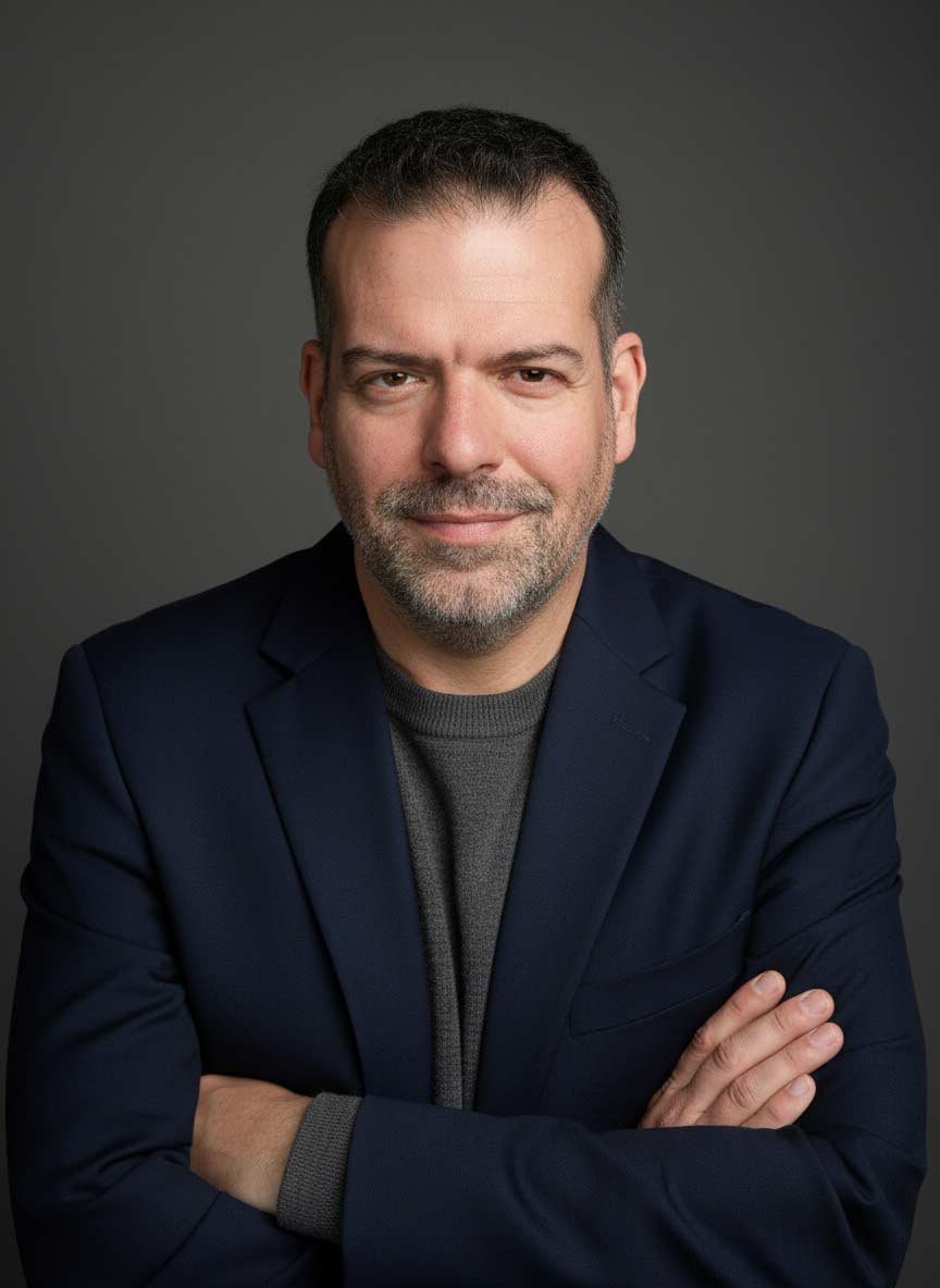 AI headshot — man in navy blazer, arms crossed, grey backdrop