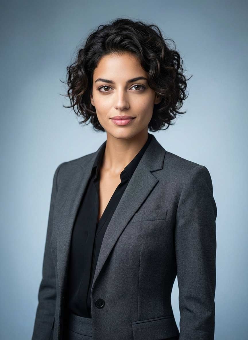 AI headshot — woman with short curly hair in grey suit
