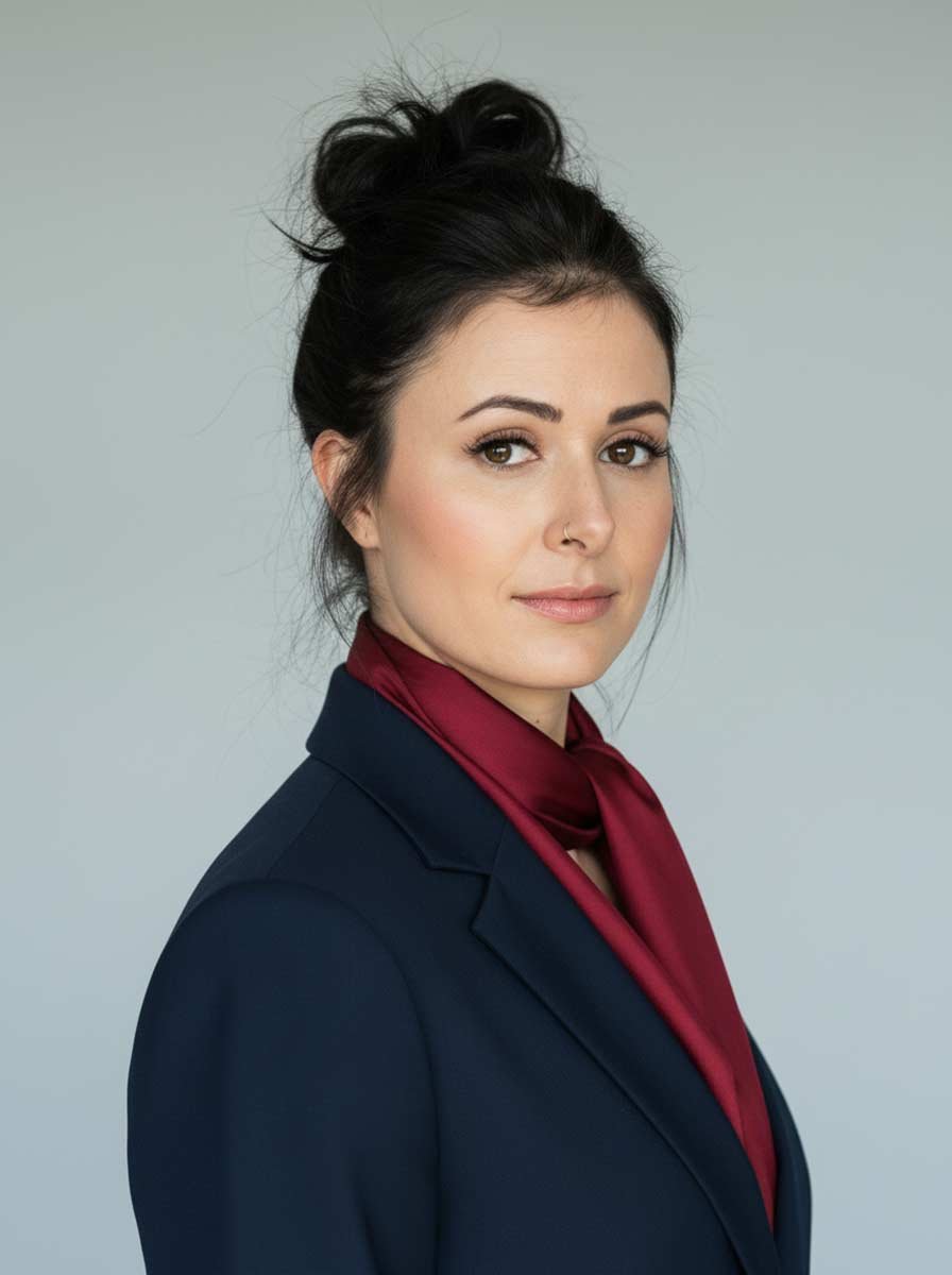 AI headshot — woman in navy blazer and burgundy scarf