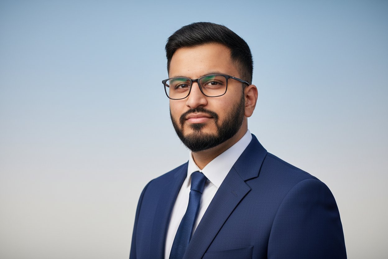 AI corporate headshot — man with glasses, navy suit