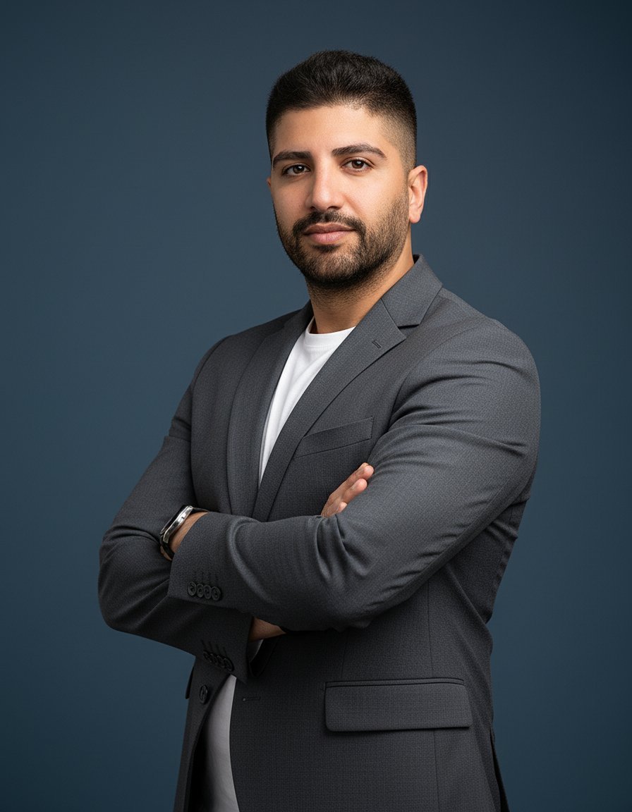 AI-generated professional headshot — man in grey blazer, blue backdrop
