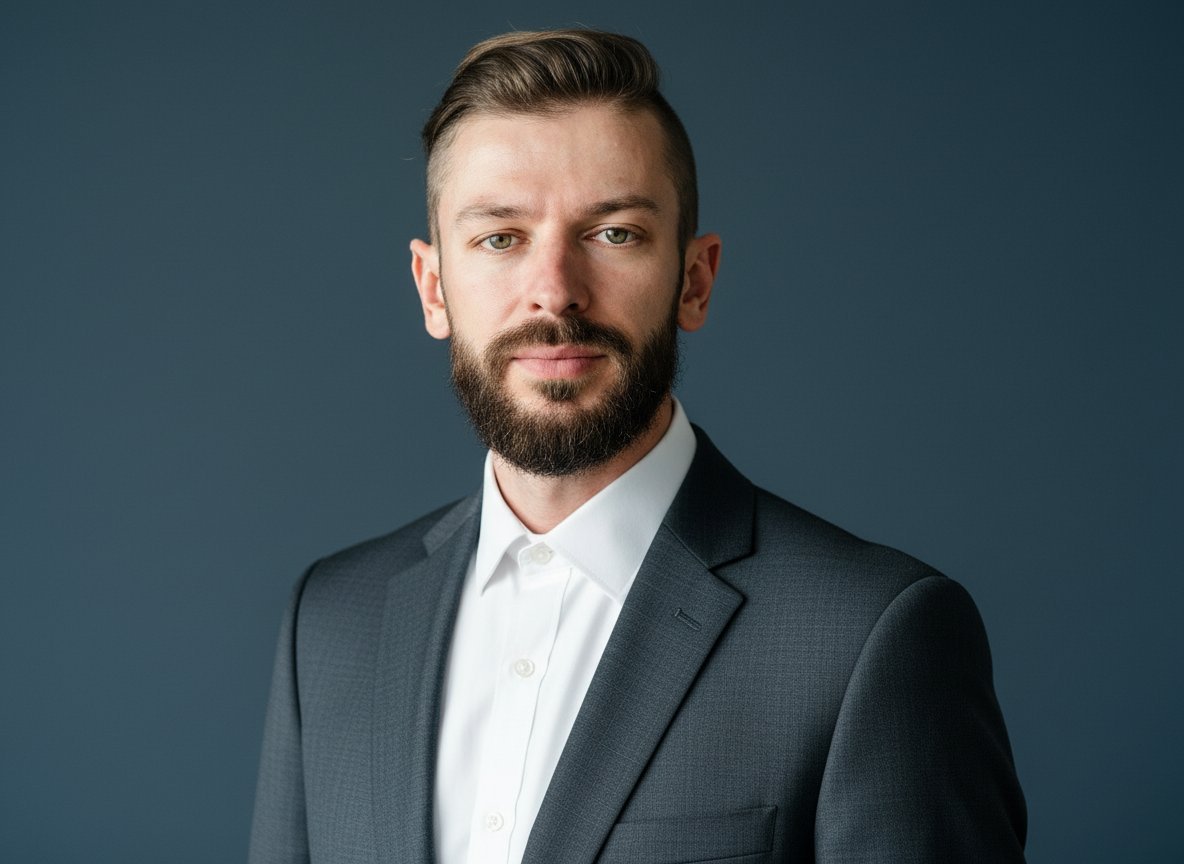 AI-generated professional headshot — man in charcoal suit