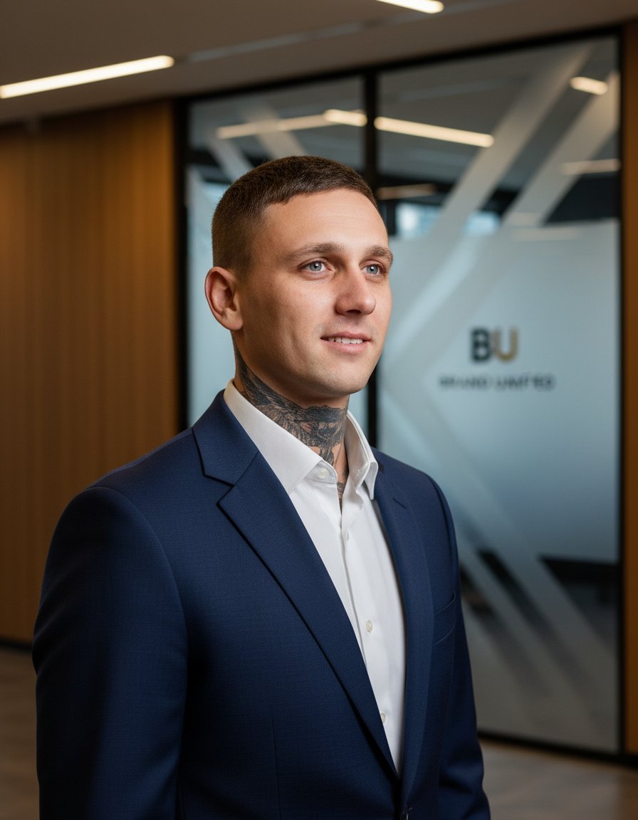 AI corporate headshot — man in navy suit, modern office