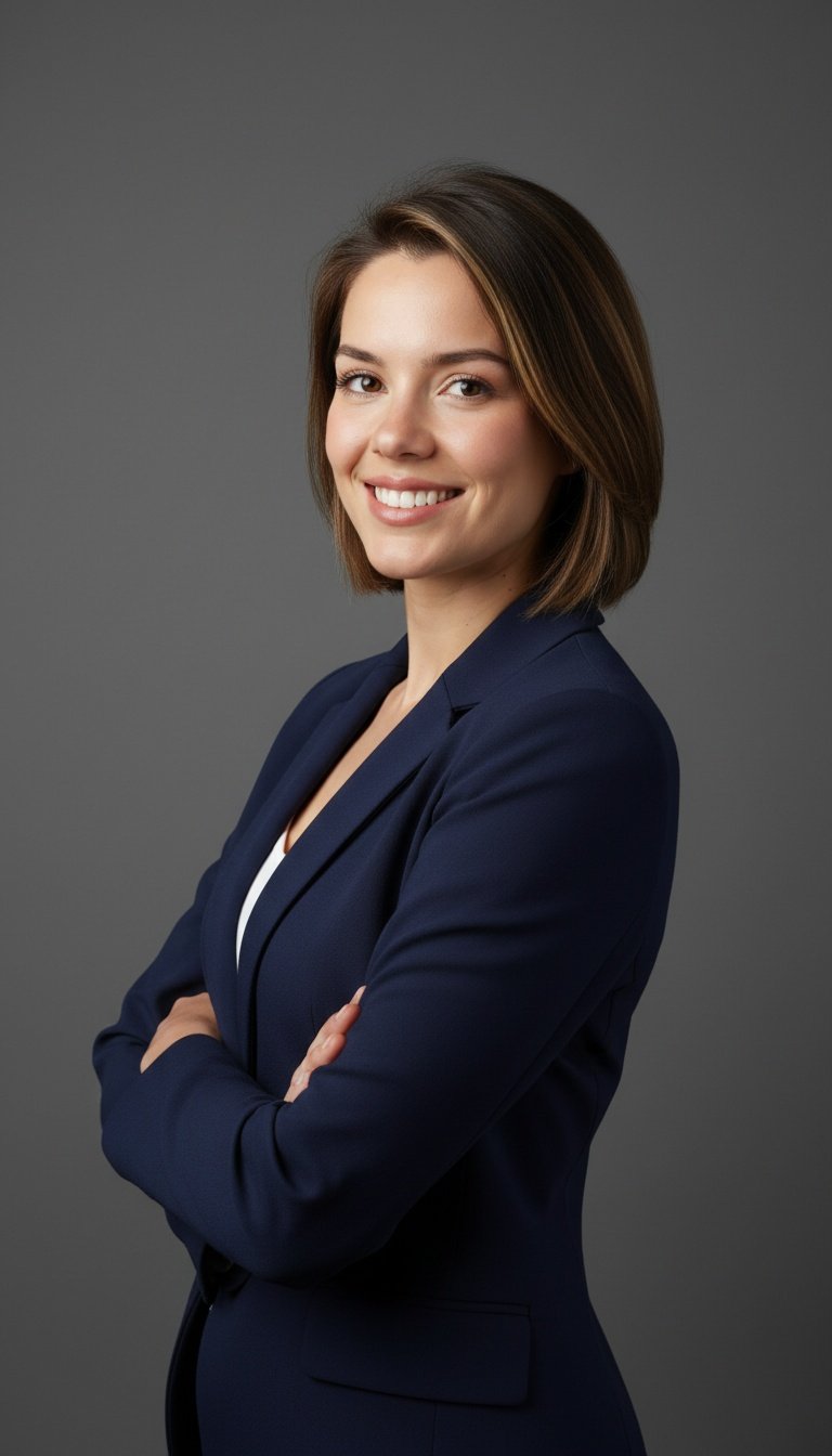 Professional headshot — smiling woman in navy blazer