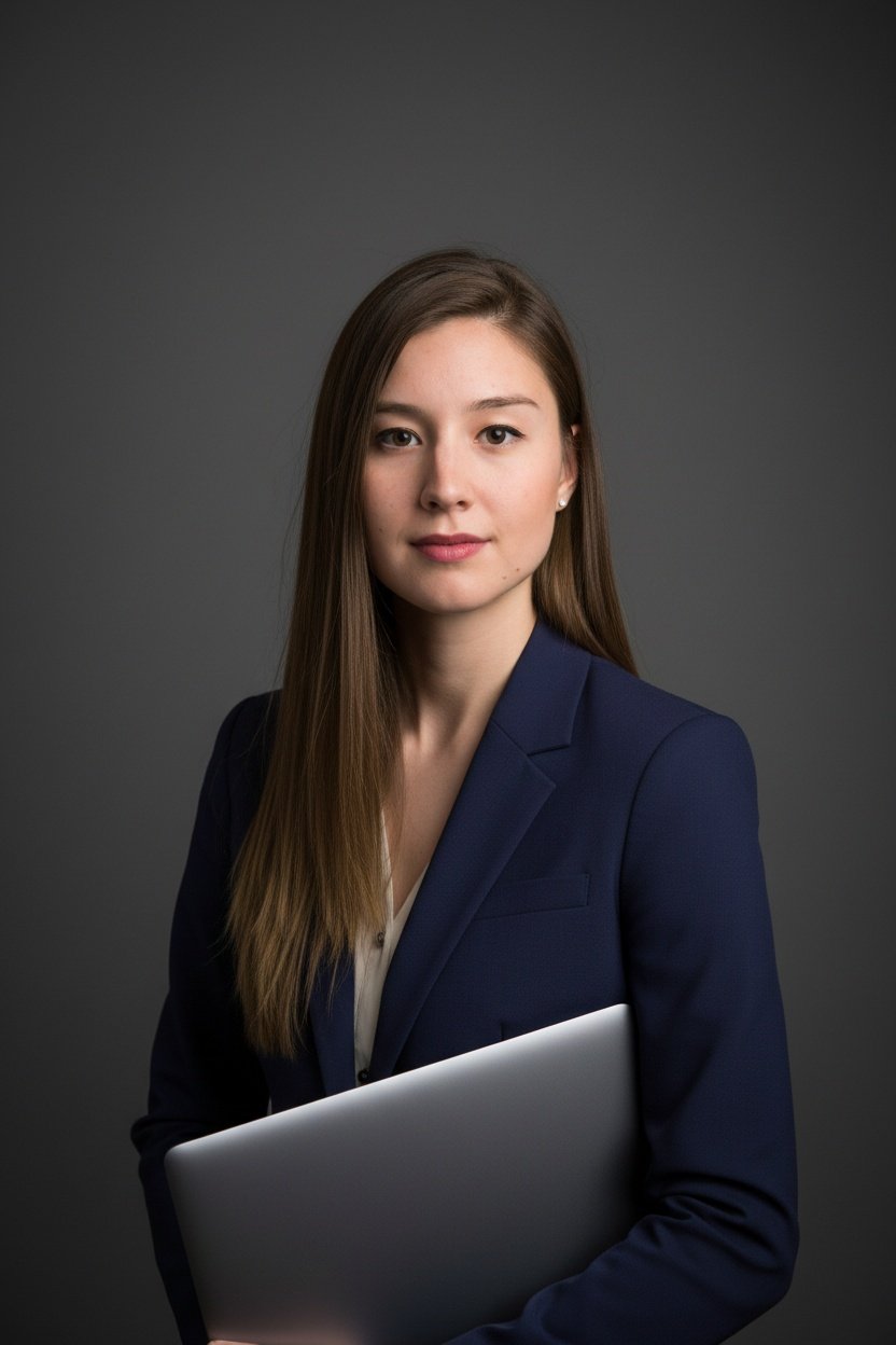 Professional headshot — woman with laptop, navy blazer